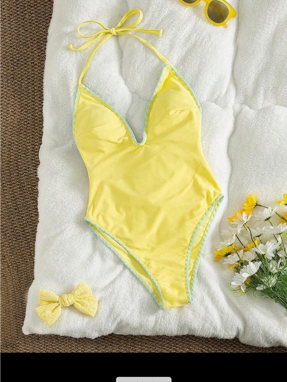 Yellow Halter One-Piece Swimsuit with Blue Trim - Women Swim